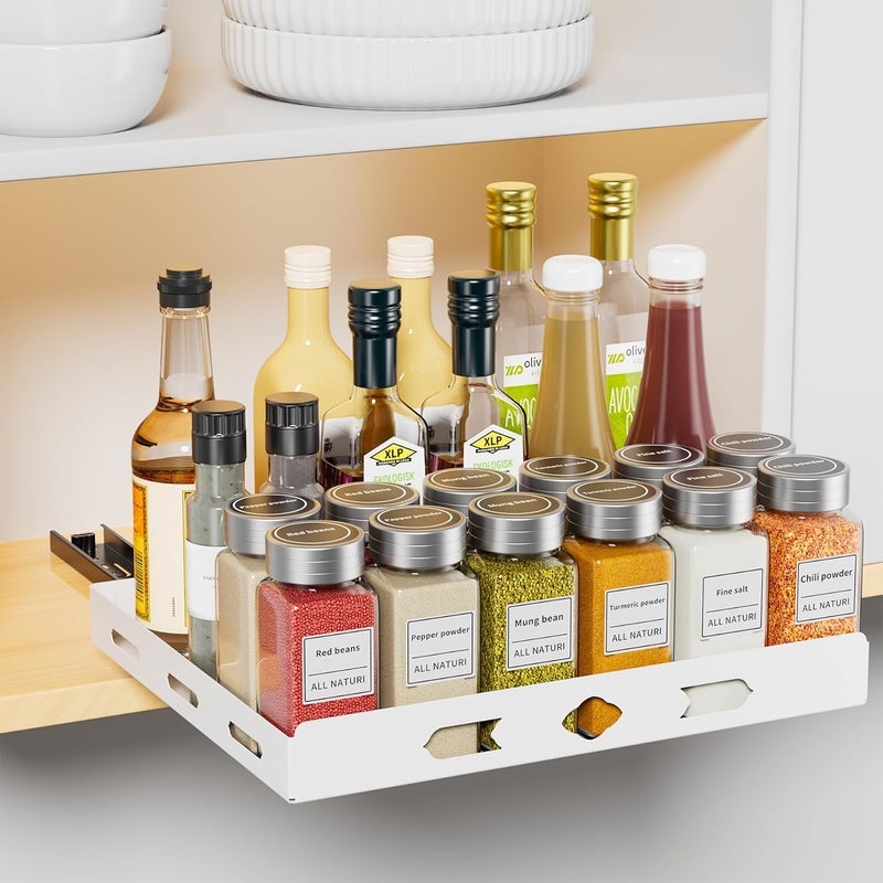XLP Store Pull-Out Spice Rack Organizer – Heavy Duty Slide-Out Cabinet Storage | Fits Spices, Sauces, Cans, Dishes | Kitchen & Pantry Organizer, White (12.5''Wx10.5''Dx1.8''H) - Image 1